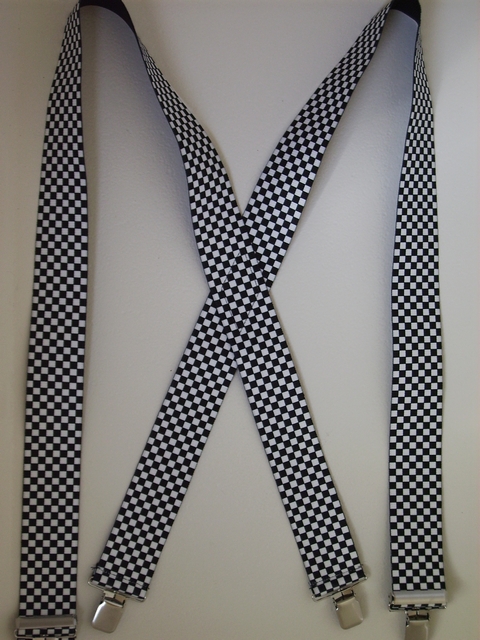 CHECKERS BLACK AND WHITE 2"X48"  Suspenders with 4 strong 1"x 1" Stainless Steel Grips and 2 Secure Stainless Steel Length Adjusters in the front. Entirely Stretchable Hand Washable and Hang to Dry Cotton/Polyester Material.       UA220N48CHEC